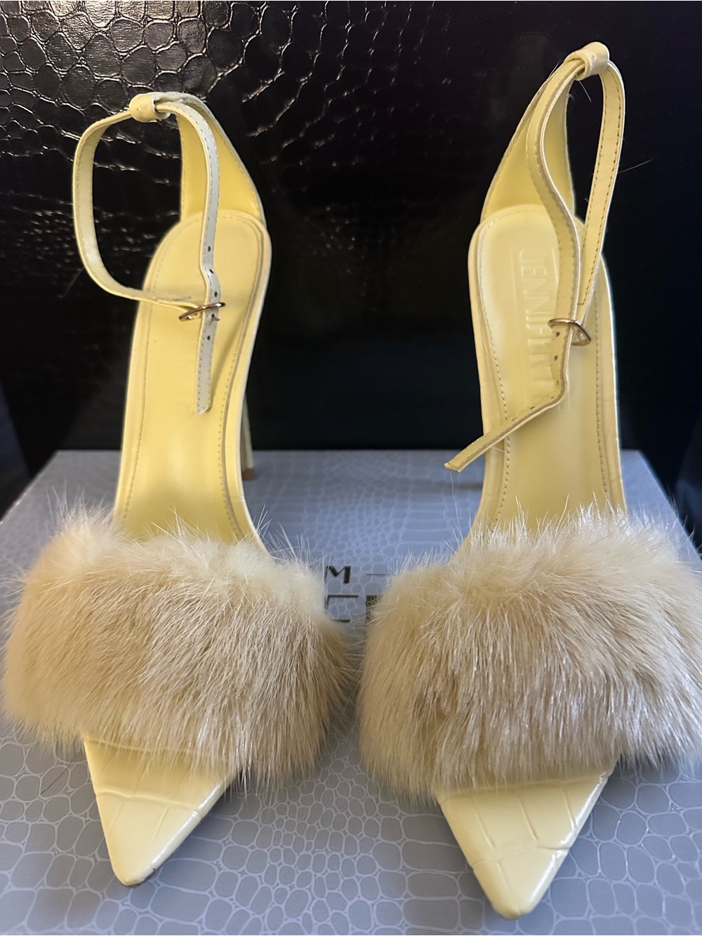 Jennifer Le Yellow Fur and Croc Sandals